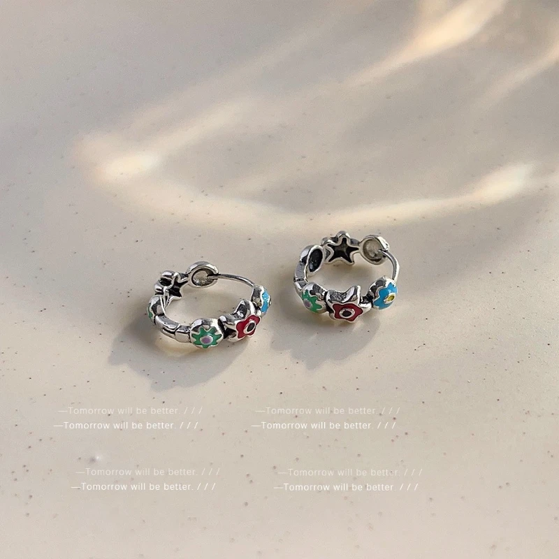 925 Sterling Silver Earrings Enamel Coated Colorful Flowers Fashionable Unique Small Scale Exquisite Ear Ornaments for Women