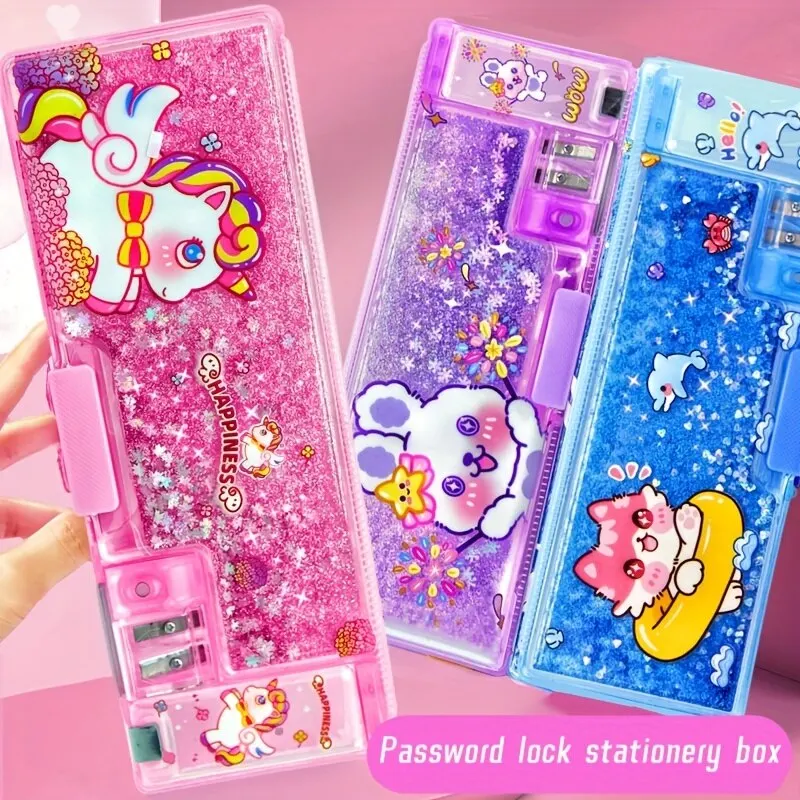 1PCS Star Sequin Quicksand Stationery Box With Pencil Sharpener & Password Lock Cartoon Pattern Water-resistant Pencil Box