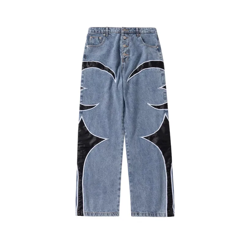 2026 Kanye Y2K PU-Leder Bestickte Baggy Stacked Jeans Hosen für Herren Kleidung Streetwear Damen Denim Hosen Pantalon Homme – Detail 5