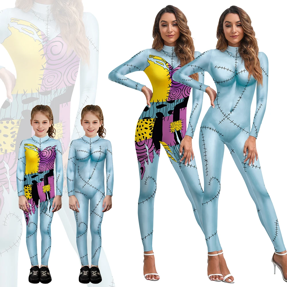 

Zawaland Bodysuit for Woman Girl Cosplay Movie Sally Clothes Halloween Family Set Jumpsuit Printed Carnival Party Outfit Zentai