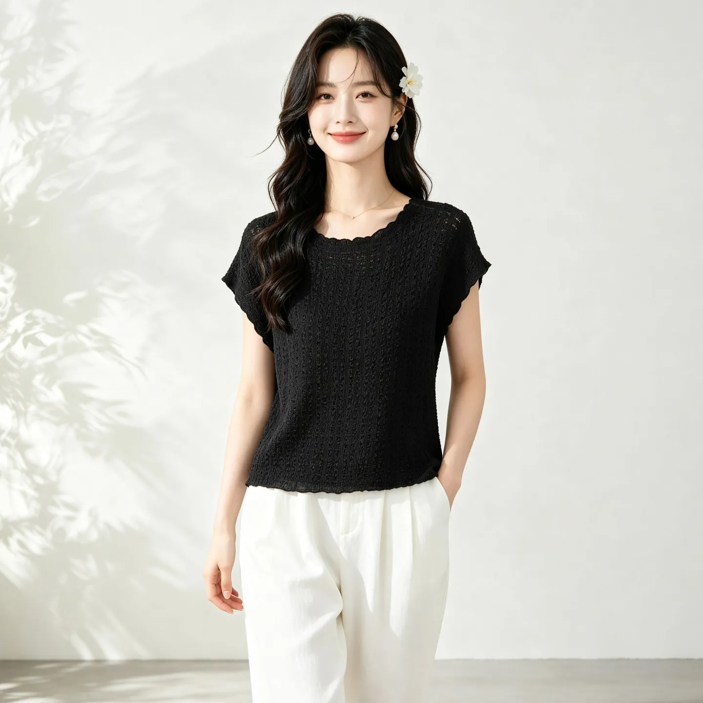 Winsleter-97%Silk 3%Spandex Bubble Crepe Elegant T-Shirt, O Neck Solid Folds, Women OL Commute Loose Top, 2026 Summer T67702CC