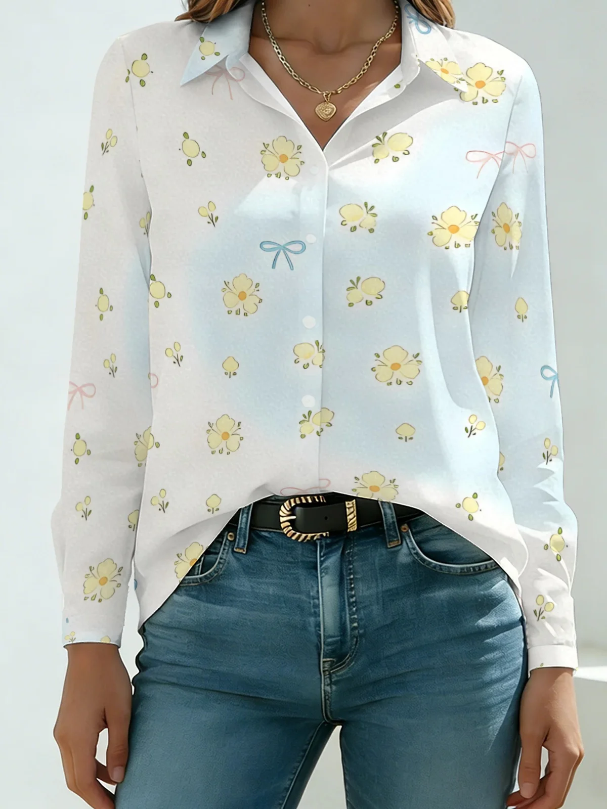 Soft Girly Floral Bow Womens Collared Shirt White Base All Over Small Yellow Flower Ribbon Print Long Sleeve Dating Street Blous