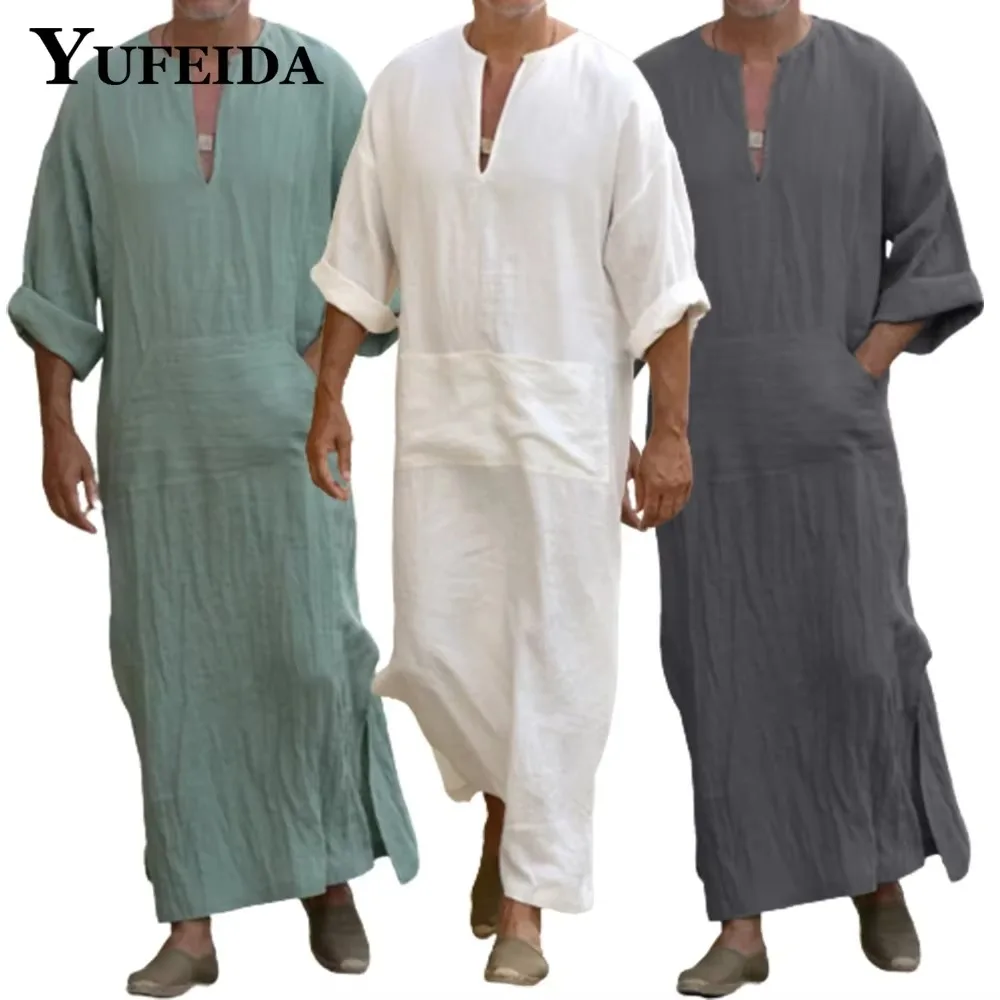 YUFEIDA ผู้ชายยาวผ้าลินิน Jubba Thobe Kaftan มุสลิมอาหรับอิสลาม V คอยาวแขนยาวผ้าฝ้ายลินิน Robe มุสลิม Arabia Man Abaya