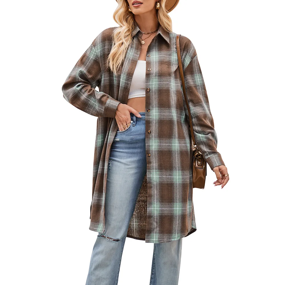 2024 Spring Autumn Women Long Shirt Female Casual Loose Windbreaker Plaid Shirt Women\'s Trench Coat Classic Retro Style Clothes