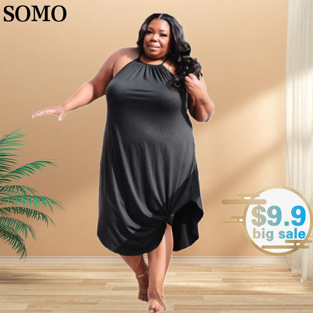 

SOMO 5xl Plus Size for Women Sexy Halter Solid Black Dresses Fashion Irregular Hem Long Dress Clubwear Wholesale Dropshipping