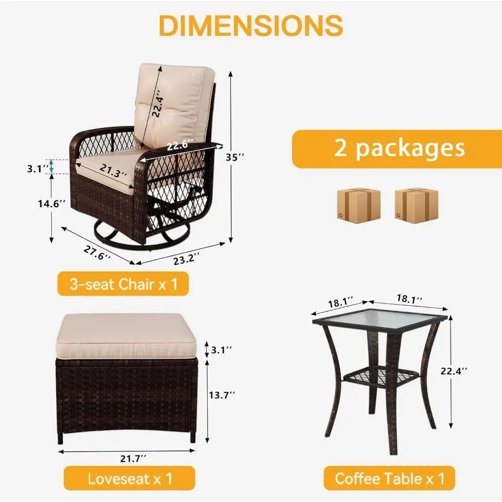 Outdoor Swivel Rocker Chair Set com pequena mesa lateral, vime Rattan, Mobília do pátio, conjunto de 3