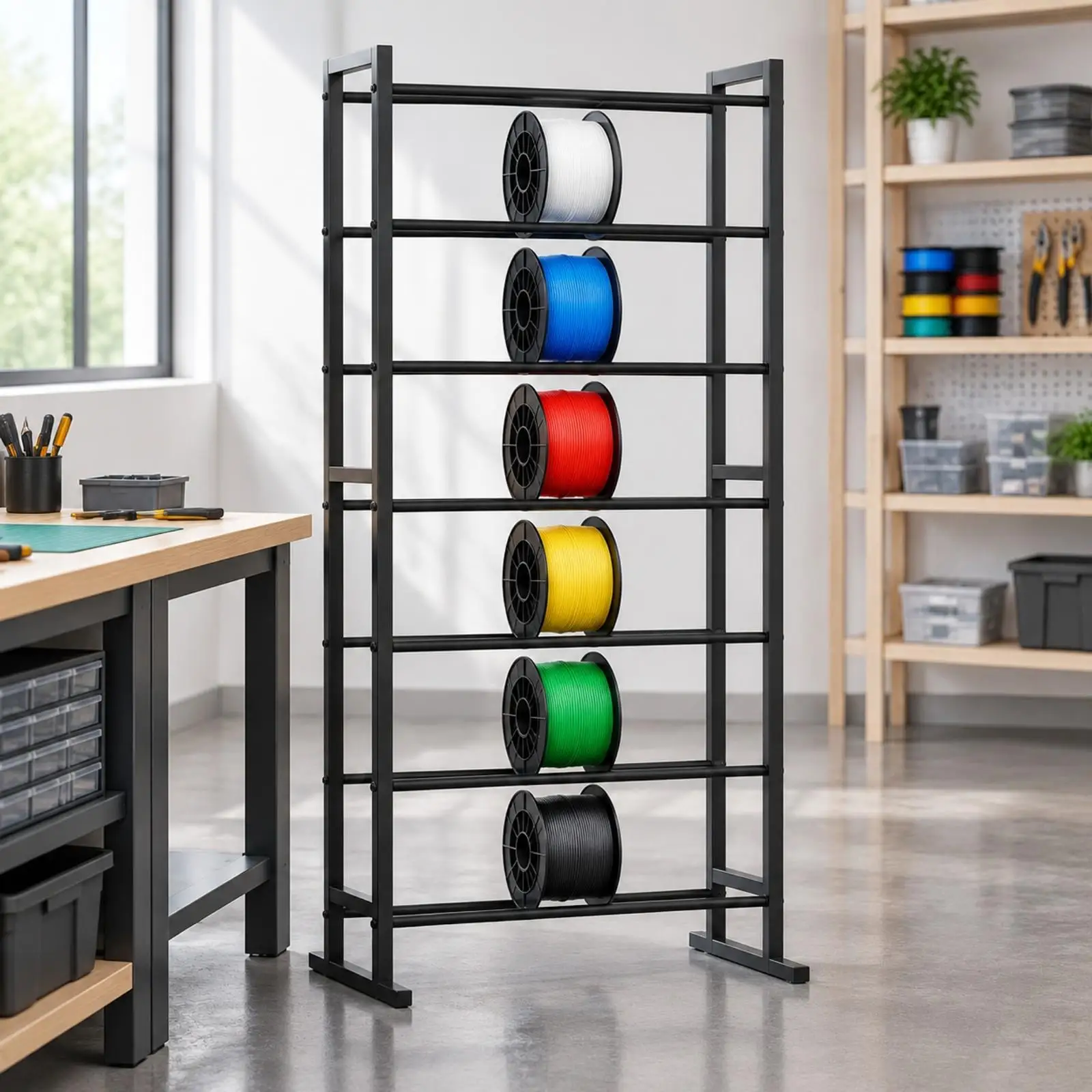 Steel Filament Storage Rack with Spool Rails Heavy-Duty Freestanding Filament Storage Rack Space-Saving Compact