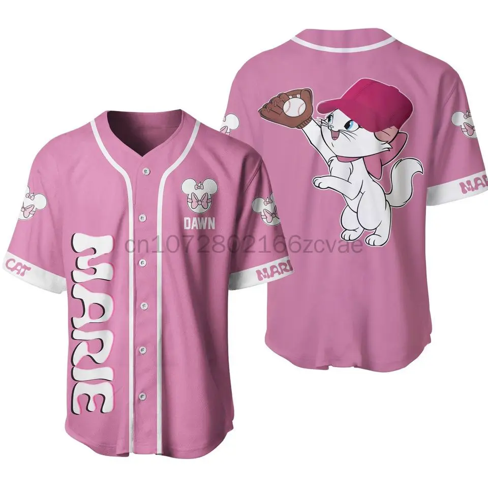 Disney Marie Cat Pink and Black Jersey Custom Baseball Jersey Cartoon Print Jersey Men\'s and Women\'s Children\'s Shirt