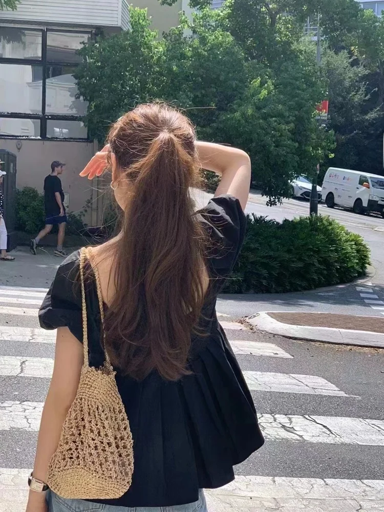 قميص نسائي بأكمام فقاعية، تصميم مطوي، نمط تنحيف على شكل حرف A، موضة كورية، رقبة دائرية، كم قصير، لون نقي، ملابس للتنقل