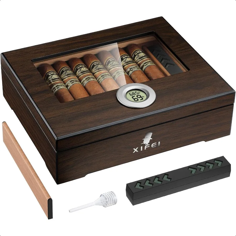 

Cigar Humidor with Digital Hygrometer Humidifier Glass Top Desktop Humidor Box with Divider Spanish Cedar Wood Premium Storage