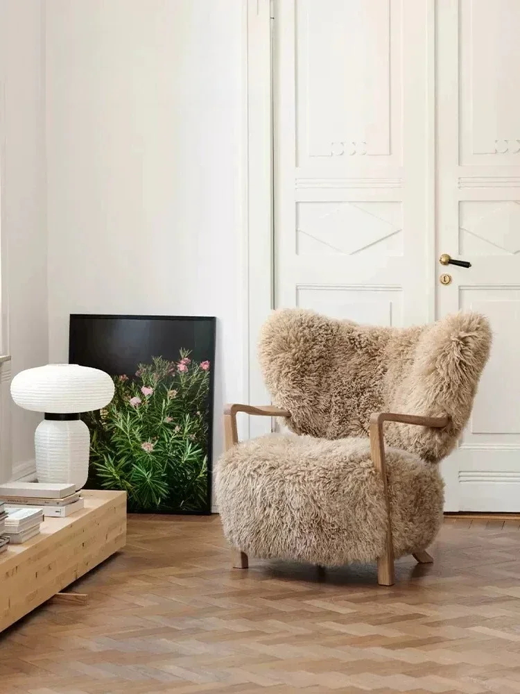 A  Living room North American black walnut double armrest lamb wool single sofa chair