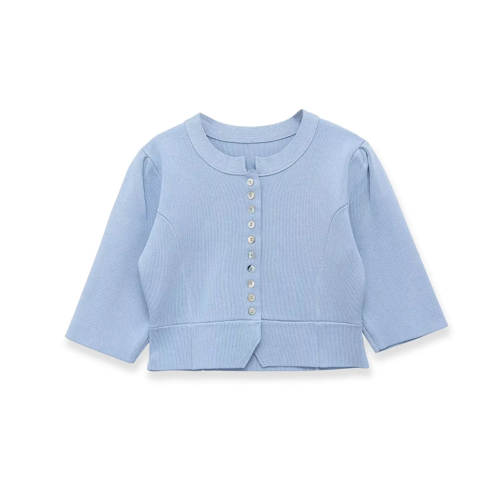 Light Blue Bubble Sleeve Knit Cardigan Crew Neck Single Breasted Button Up Soft Cropped Sweater Jacket Elegant Women Top
