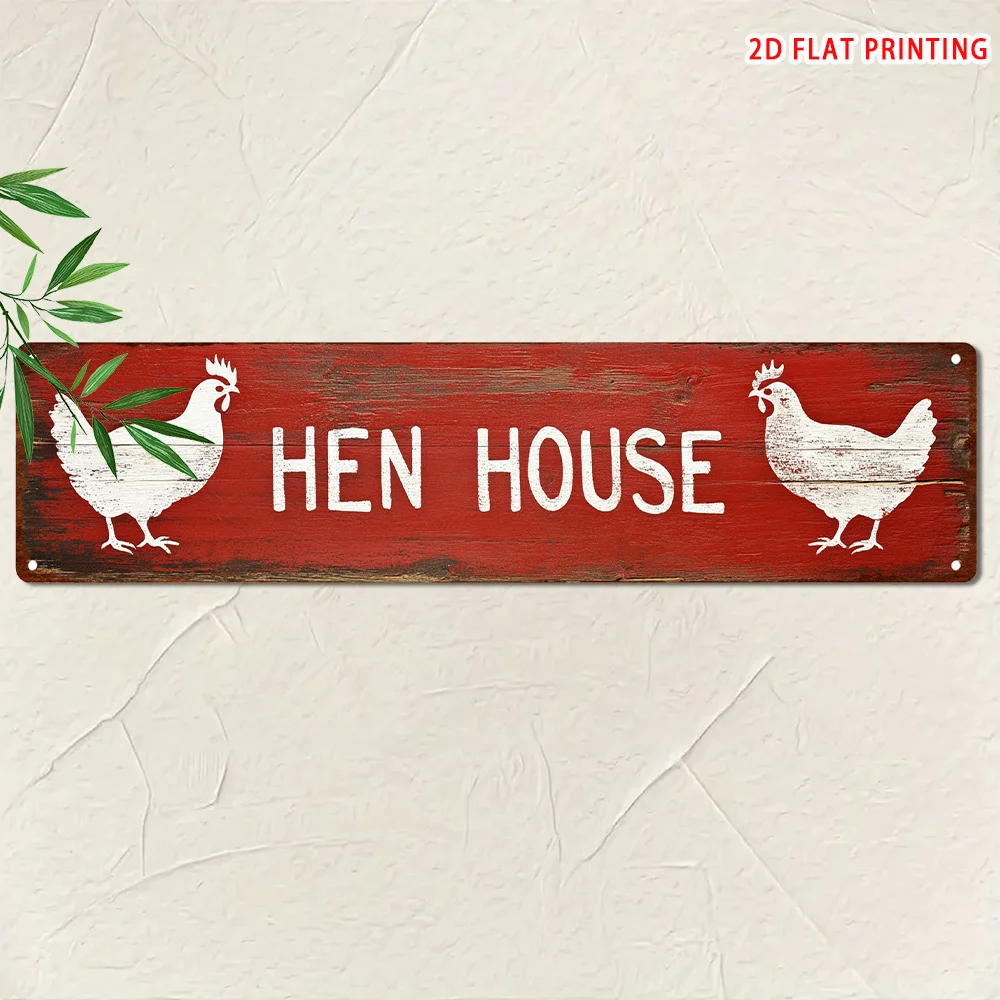1pc Vintage Hen House Metal Sign - Farmhouse Wall Decor with Rooster Chicken Design, Red Background - Rustic Country Kitchen