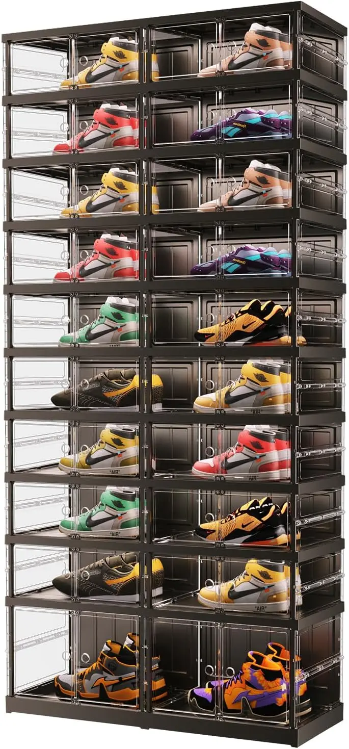 10 Tiers 20-40 Pairs Foldable Shoe Boxes Large Plastic Shoe Storage with Doors Quick Assembly Black