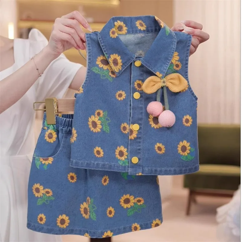 

TOY-2025Summer New Girls' Fashion Set Korean Style Baby Girl Trendy Sleeveless Denim Skirt