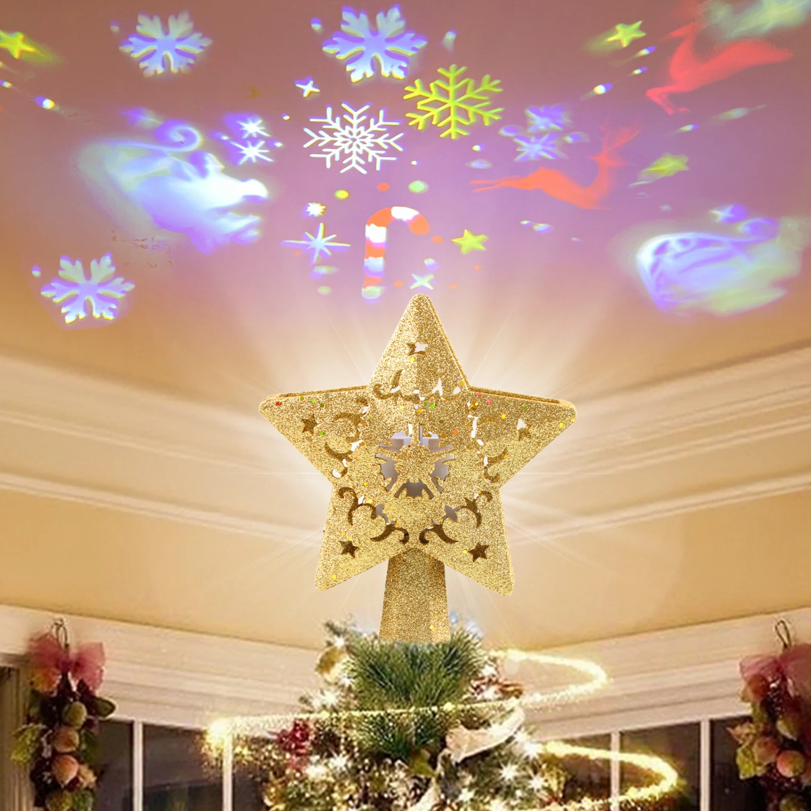 

Звездный светодиодный проектор, Топпер для рождественской елки, 3D-шоу для рождественской вечеринки, праздничные украшения