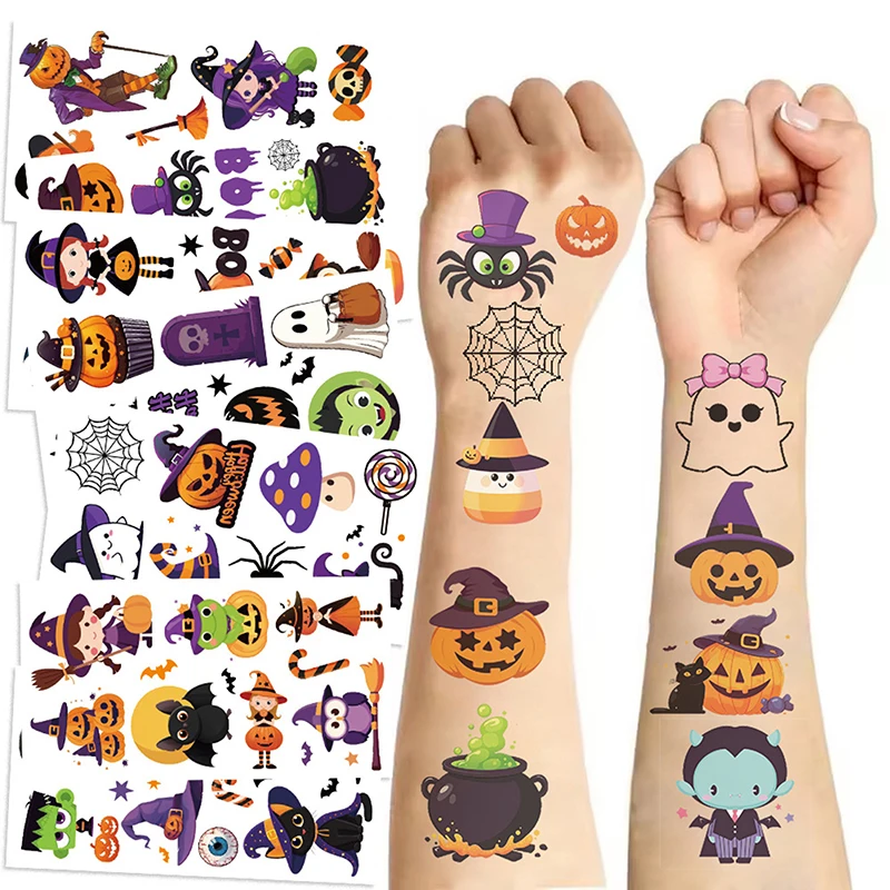 10 Sheets Halloween Pumpkin Temporary Tattoo Stickers for Kids Water-Resistant Body Art for Arm Hands Fake Tattoo Gift