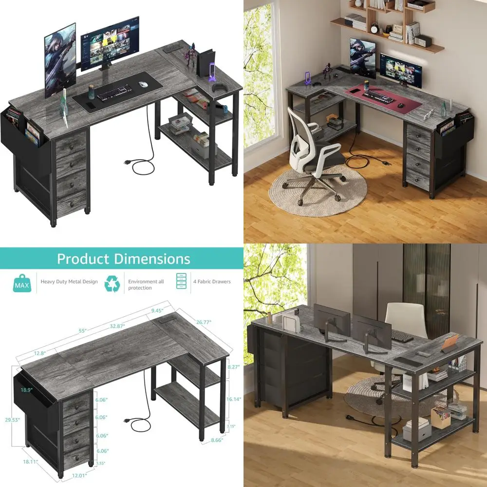 

55 Corner L-Shaped Gaming Desk with Storage and Power Outlet for Home Office and Bedroom