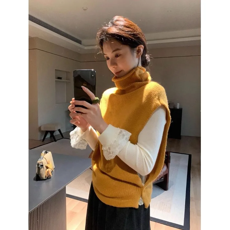 Żółta dzianinowa kamizelka z wysokim kołnierzem, damska, na wczesną jesień, do noszenia warstwowo, sweter na ramię, odzież wierzchnia.