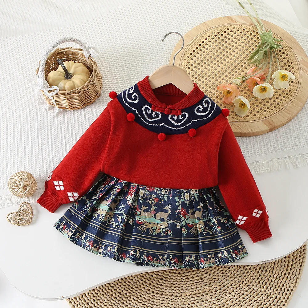 

Girls Knitted Clothes Sets Spring Autumn 2024 Children Woolen Jersey Sweaters Skirts 2pcs Dress Suit For Baby Costume Kids 5 6Y