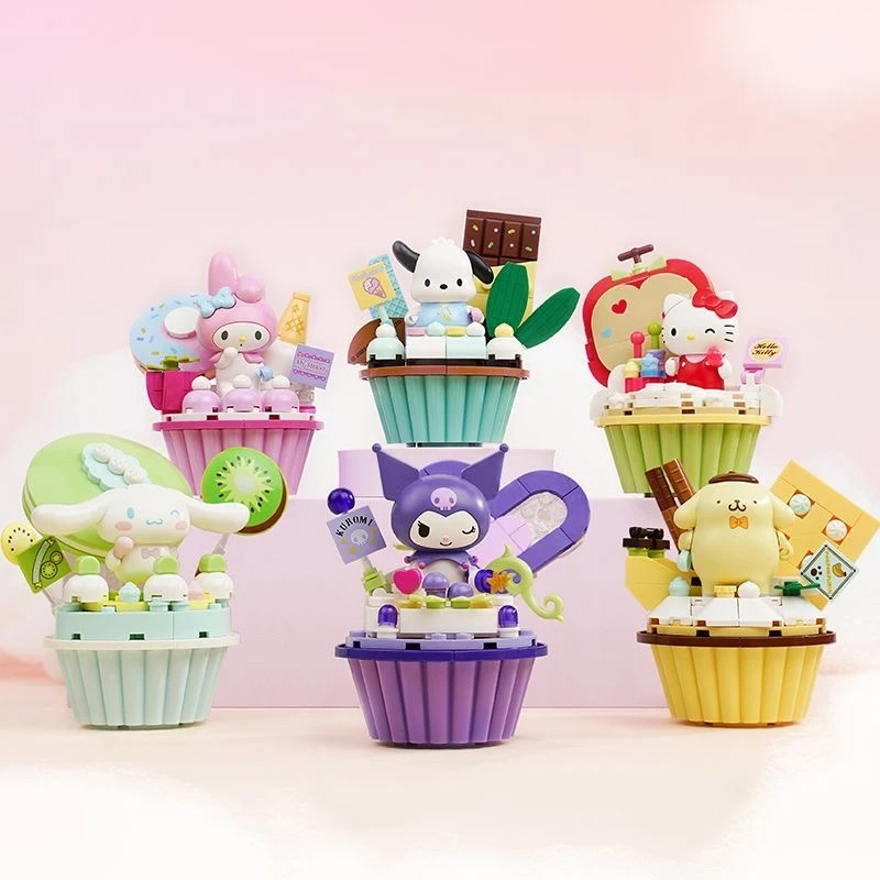 Sanrio Series Kuromi Hello Kitty Building Blocks CupCake Assembly Model Bricks Toys Cinnamoroll My Melody Desktop Ornaments
