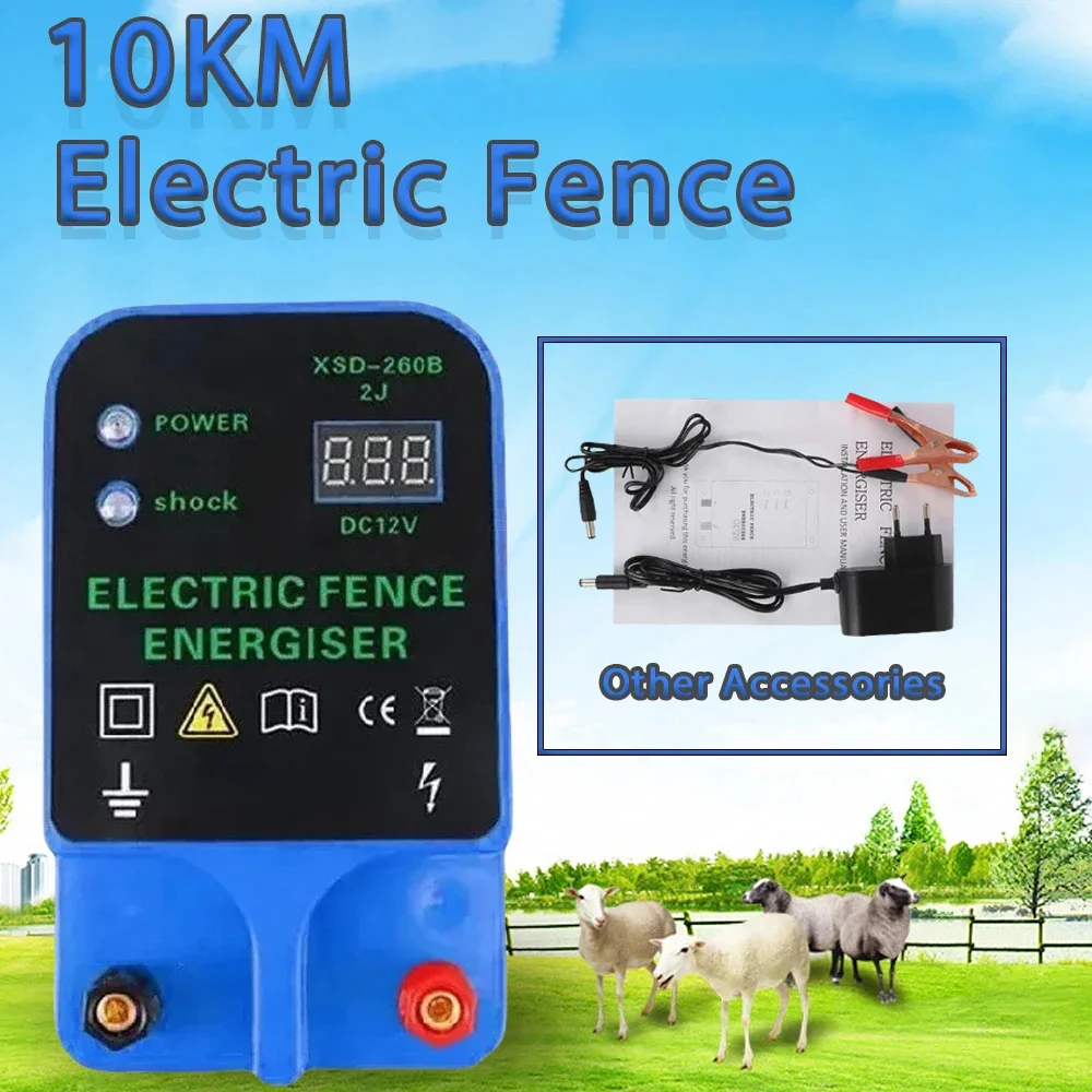 Electric Fence Energizer Livestock High Voltage Pulse Controller Voltage Display 10KM High-decibel Alarm LCD Farm Safety