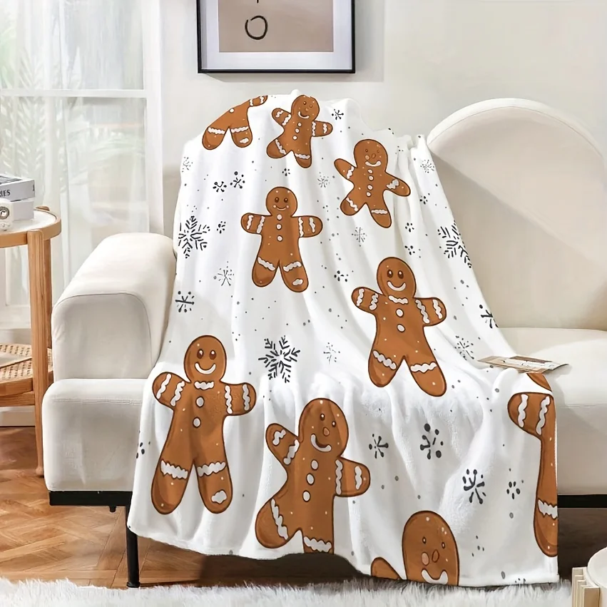 1pc White Cute Gingerbread for Man Snowflake Pattern - Super Soft Printed Christmas Gift Blanket - Suitable for Bedroom and Livi