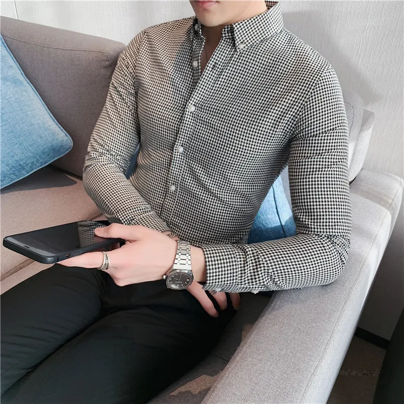 

Light Luxury Business Social Plaid Shirt Korean Version Slim Long-sleeved Shirt Men's Nightclub Party Casual Tuxedo Match Blouse