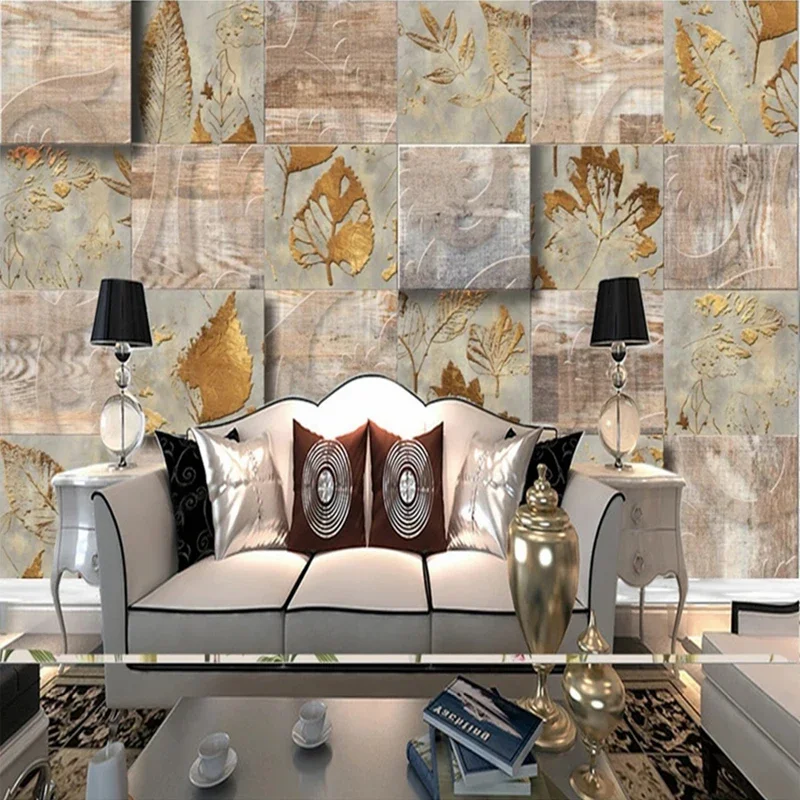 Custom Size Retro 3D Wood Texture Grid Leaves Pattern Wall Mural Wallpaper for Bedroom Living Room Decor Waterproof Canvas