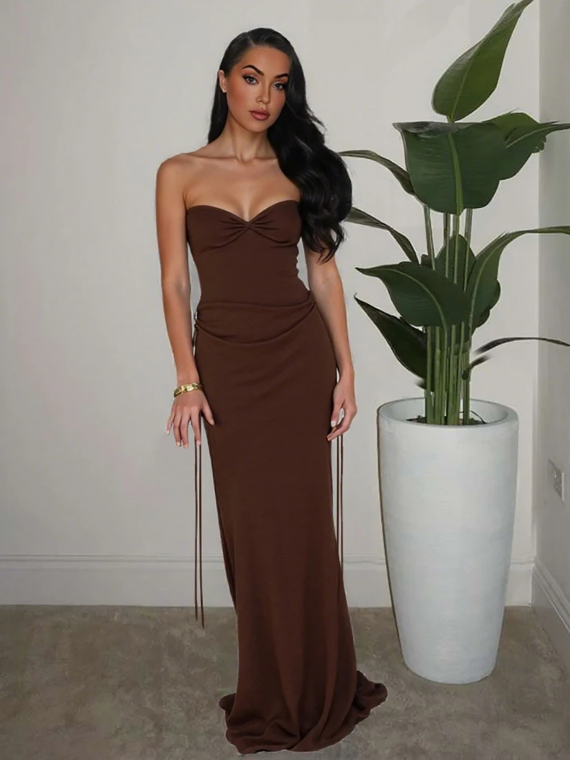 

Ele Slim Fit Tube Dr Женское модное сексуальное длинное платье коричневого тона WEIRD PUSS Повседневная одежда из смеси полиэстера и спандекса