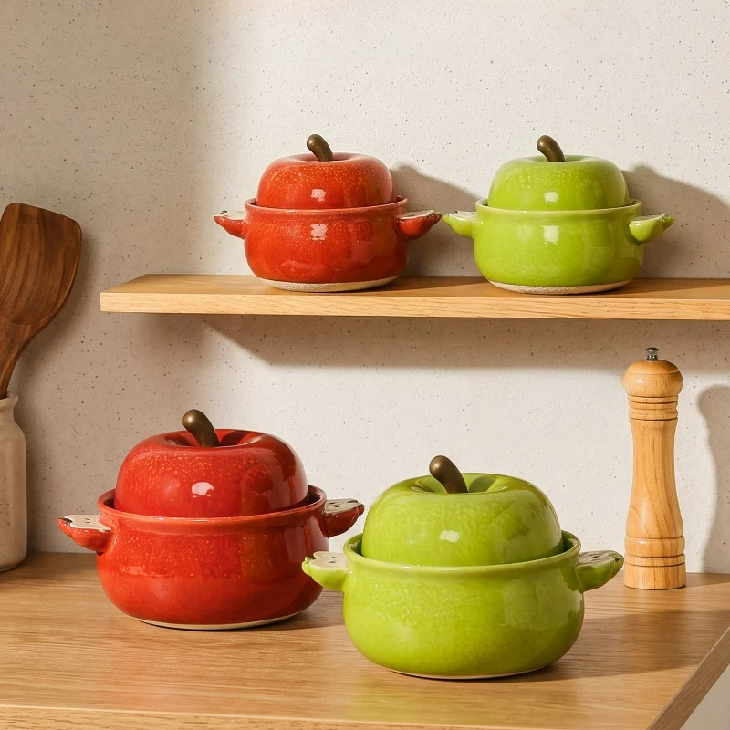 Under Glaze Color Apple Double Handle Ceramic Casserole Large Capacity Kitchen Soup Pot with Lid Heat Resistant Cooking Use Set