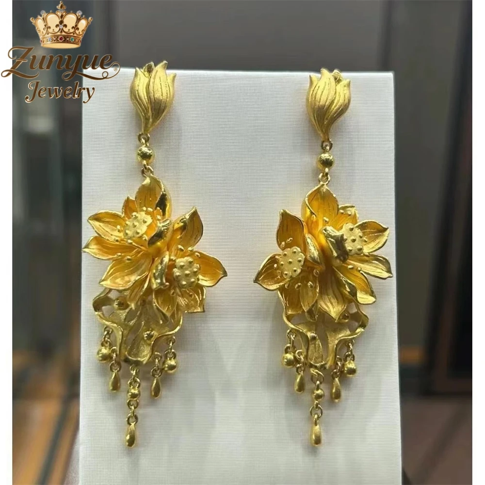 

Sand Gold With Lotus Flower Tassel Earrings Luxury Quality Jewelry Best Selling Fashion Jewelry Exquisite Charms Elegant Popular