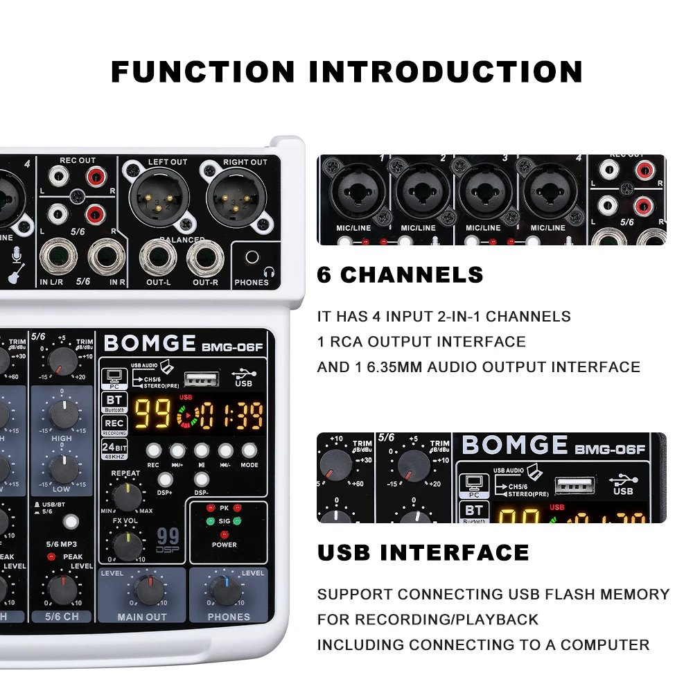 BOMGE 6 Channel 99 DSP Mini DJ Audio Sound Mixer Interface with MP3 USB Bluetooth Stereo Recording 48V Phantom Power for Karaoke