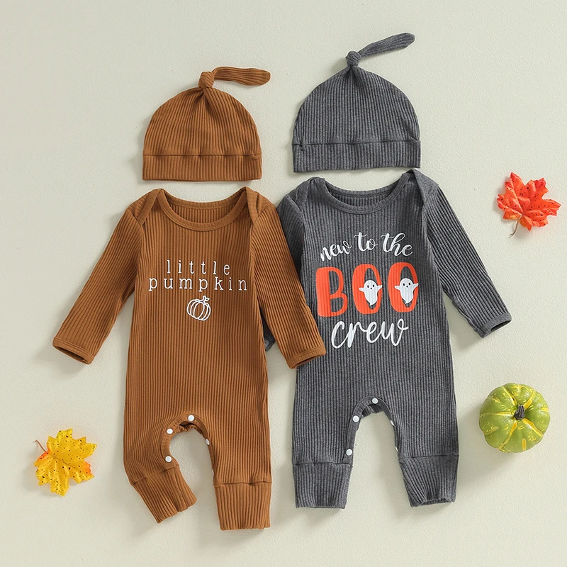 

Toddler Baby Boys Rompers Halloween Clothes Letter Pumpkin/Ghost Print Ribbed Knit Long Sleeve Fall with Hat 2Pcs Bodysuits