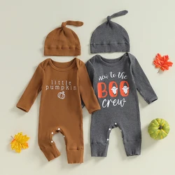 2024-05-31 Lioraitiin Baby Boys Halloween Romper Letter Pumpkin/Ghost Print Ribbed Long Sleeve Toddler Fall Bodysuits with Hat