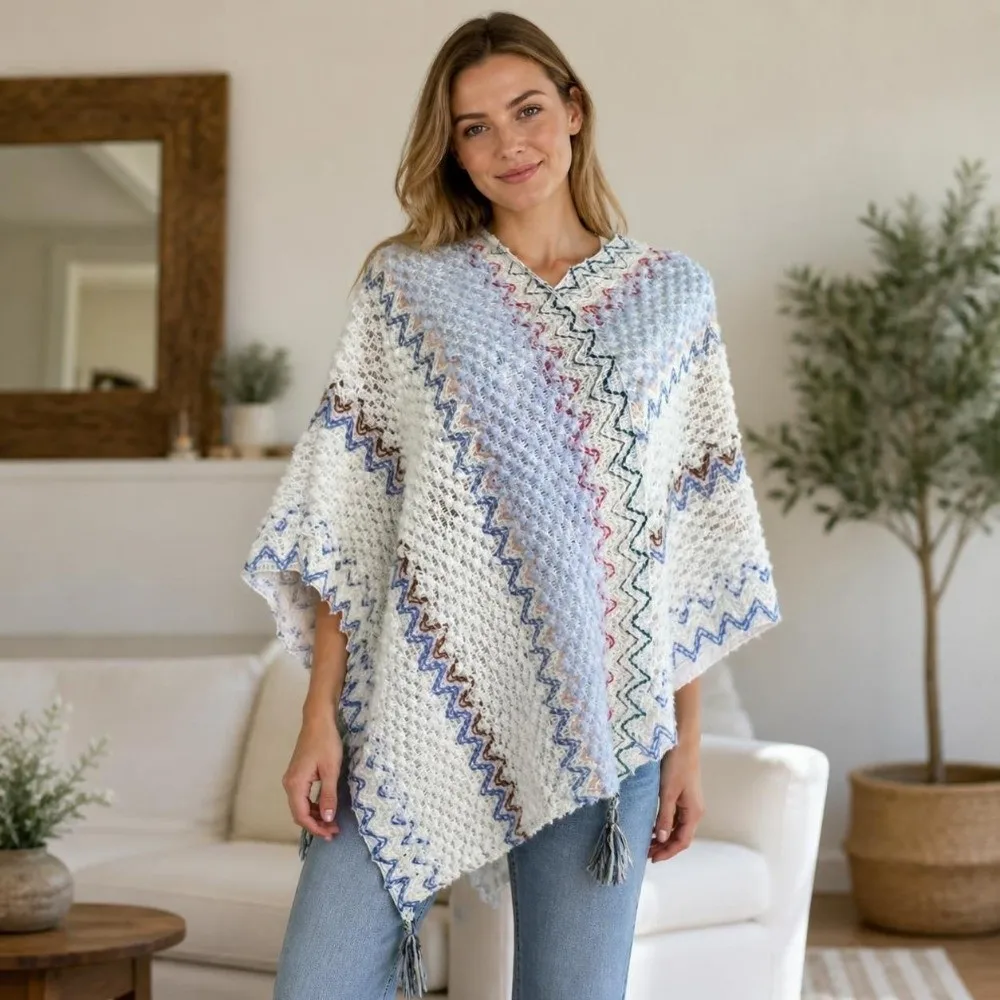 Vintage Color-block Striped Bohemian Knit Poncho Tassel Ethnic Boho Tassel Poncho Pullover Boho Travel Outfit Coverup For Women
