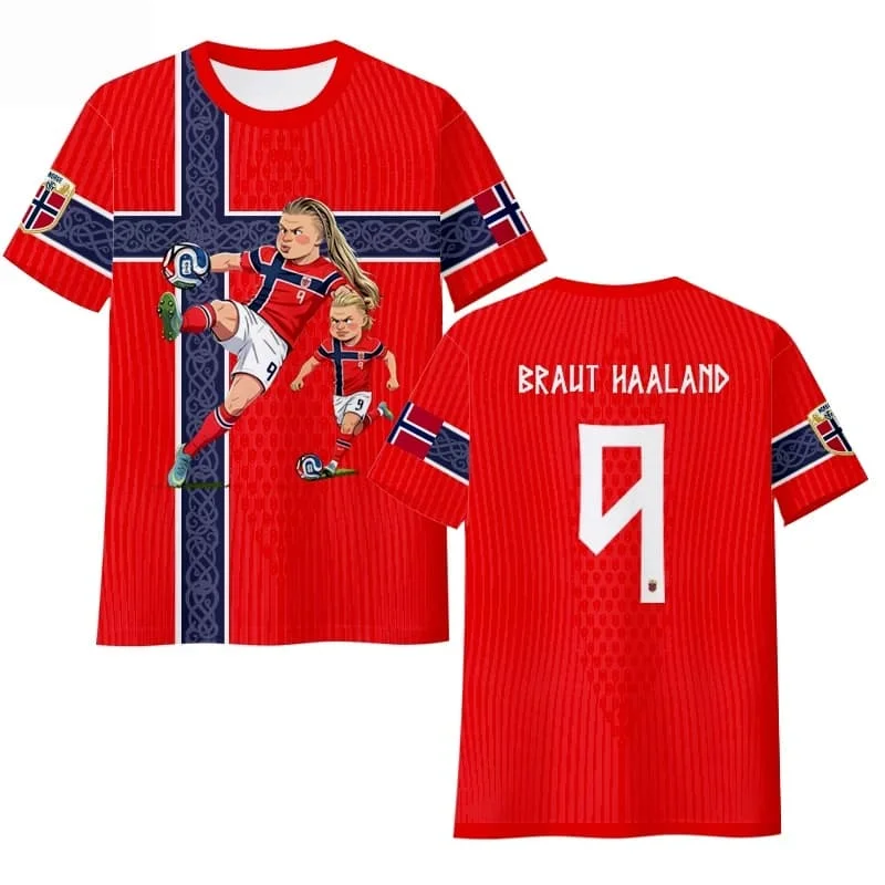 Haaland Norwegen Nationalmannschaft Fan-T-Shirt, schnelltrocknendes Eisseiden-Kurzarm-Unisex-Freizeit-Fußball-Fan-T-Shirt für Männer und Frauen im Sommer – Detail 7