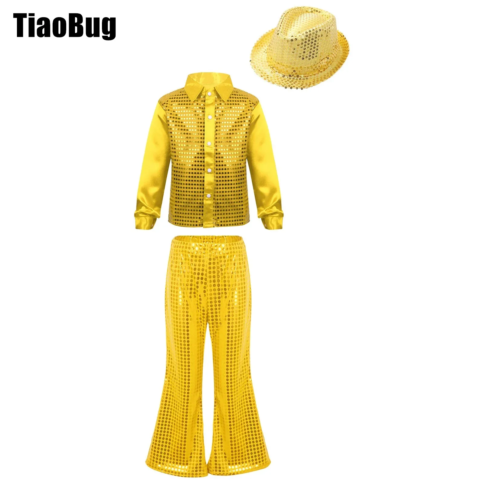 

Kids Boys Jazz Dance Outfit Glittery Sequined Spread Collar Shirt with Hat Elastic Waistband Flared Pants for Stage Performance