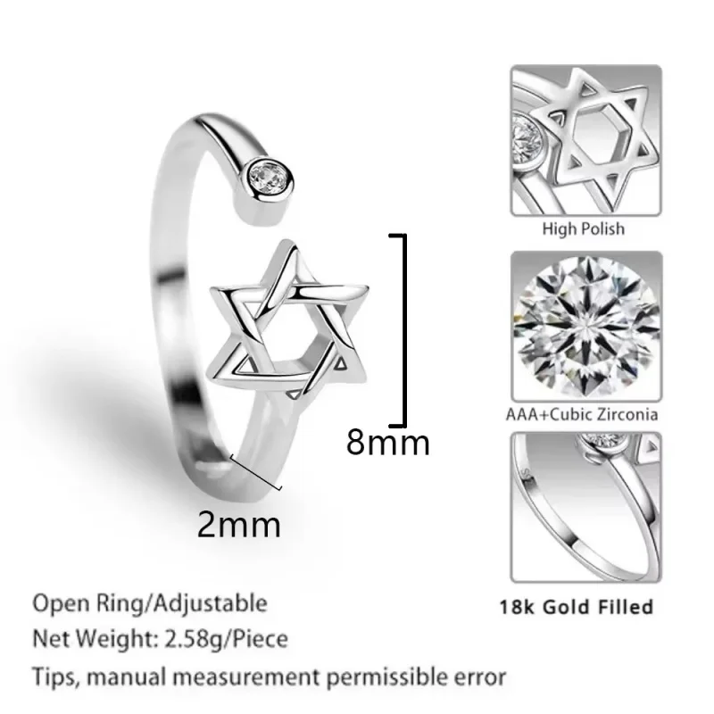 Fashion Hollow Hexagon Zircon Ring for Women Magen Star of David Adjustable Rings Promise Jewelry Gifts