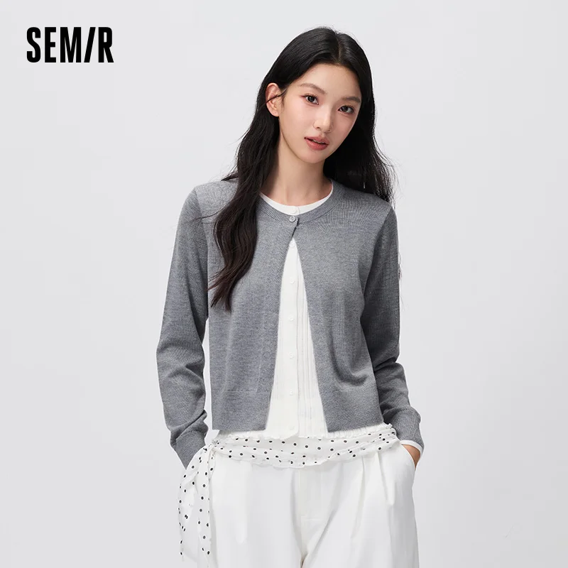 Semir Women Cardigan Short Contrast Patchwork Faux Two Piece Ruffle Trim Soft Casual Autumn Knitwear Daily Wear 2026