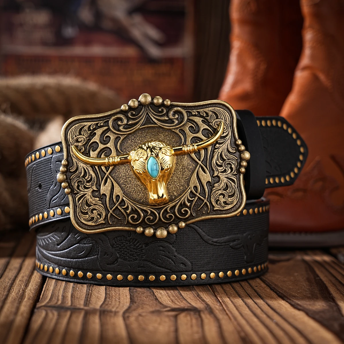 1pc Western Cowboy Style Belt - Suitable for Both Men and Women. Western Buckle PU Embossed Belt. Unique and Retro Design