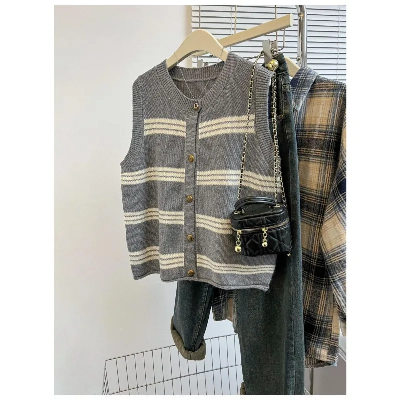 Chaleco de punto a rayas para mujer, suéter, chaleco, jersey de contraste con botones, Top sin mangas