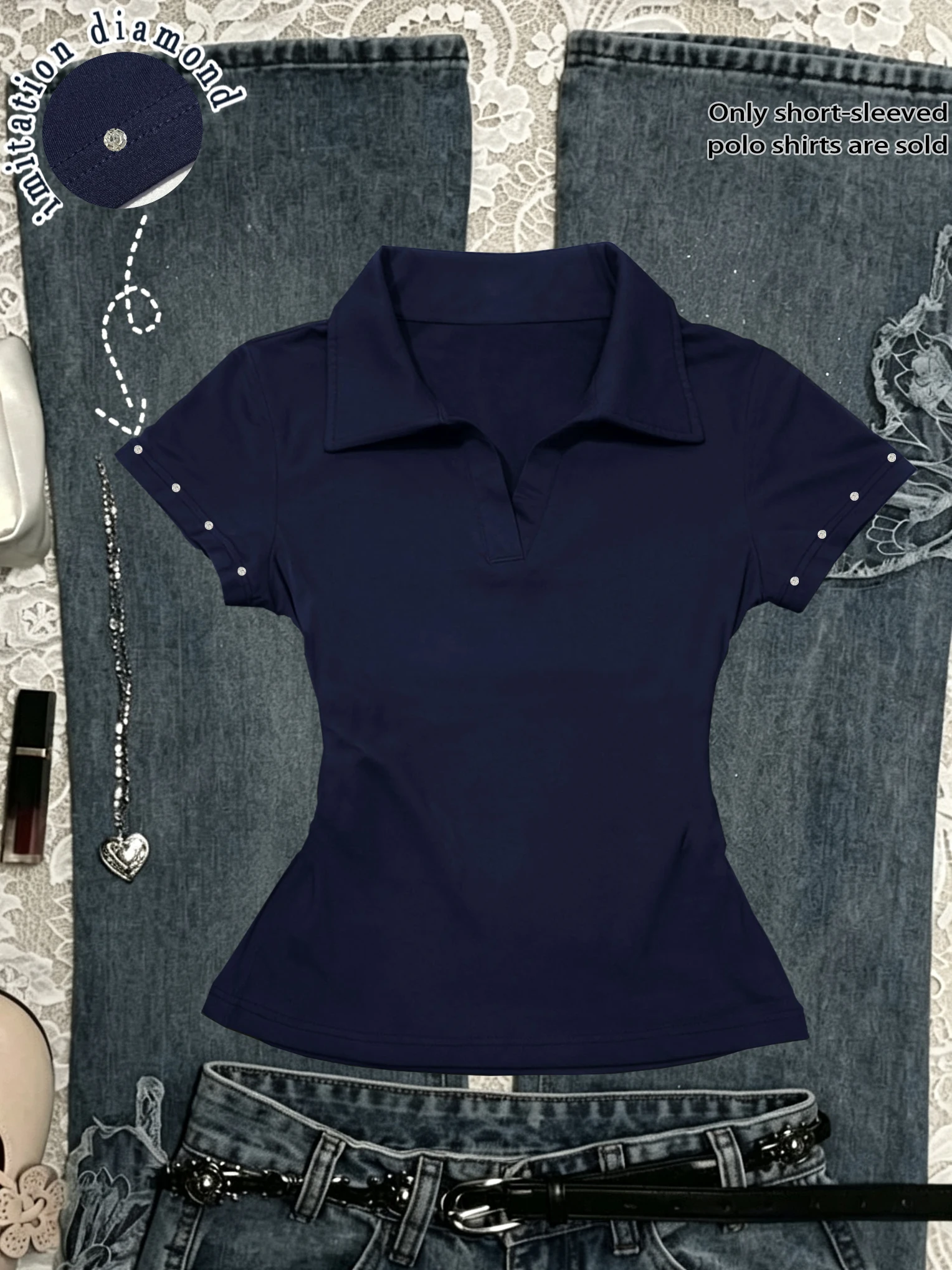 New retro lapel imitation diamond cuffs Polo short sleeved top for slimming daily women's T-shirt