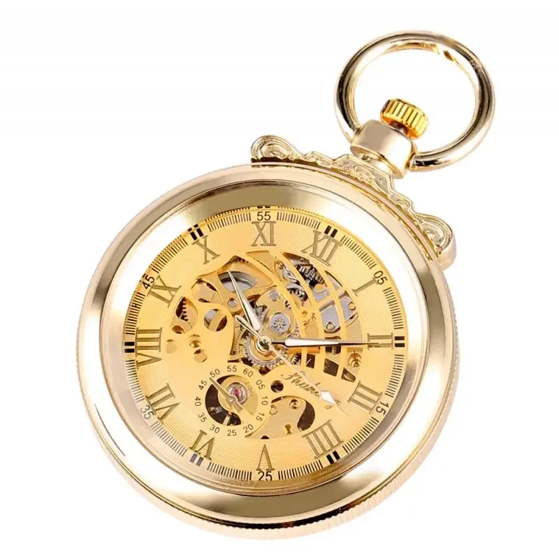 Vintage Yellow Golden Pocket Watch Handwinding Mechanical Watches Roman Numeral Display Open Face Clock with Pendant Chain