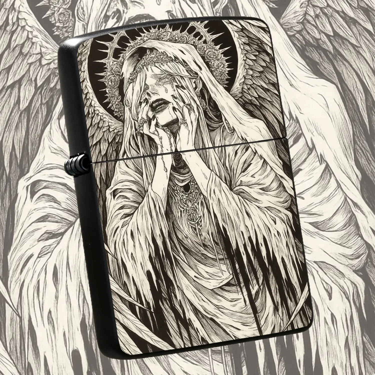 Gothic Weeping Angel Portable Igniter, Vintage Thorn Crown Wing Art Print, Stylish Personalized Daily Carry Accessory, Ideal For Gifting Collection, Suitable For Dating Travel Gathering And All Daily Scenes, Unique Artistic Decorative Pract