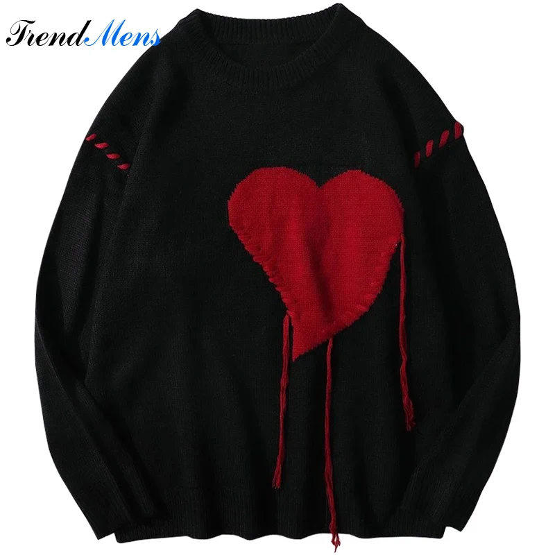 Harajuku Love Pattern Knitted Ugly Sweater Men Letter Punk Rock Black Red Gothic Vintage Grandpa Sweater Women Cute Pullover