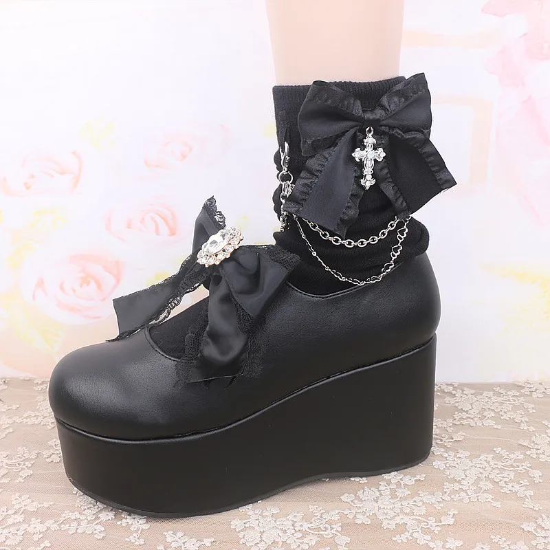Gothic Dark Black Bow Socks Punk Bow with Beads Chains Mid-Calf Socks Larme Kei Cotton Lace Socks for Y2K GirlWomen