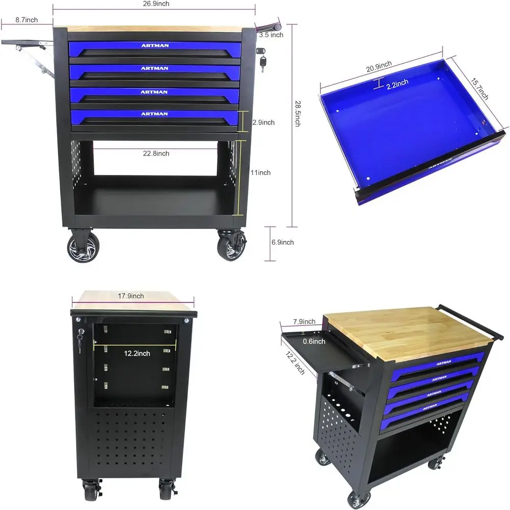 ตู้เครื่องมือแบบมีล้อเลื่อน 4 ลิ้นชัก พร้อมท็อปไม้ สีน้ำเงิน สำหรับงานช่างในโรงรถและร้านซ่อม