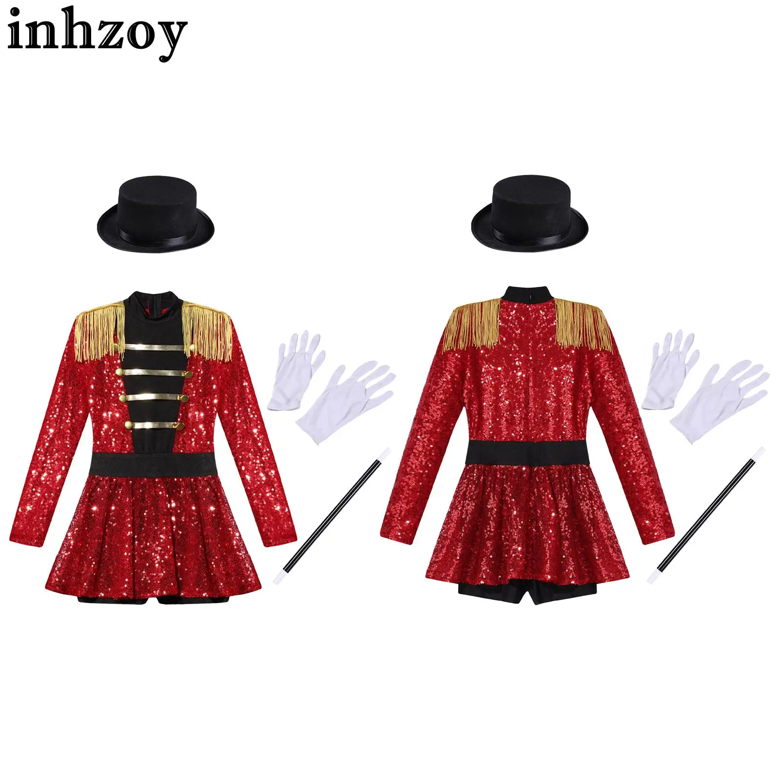 Girls Halloween Circus Ringmaster Costume Sequin Dress with Hat Magic Wand Gloves Carnival Theme Party Magician Cosplay Clothes