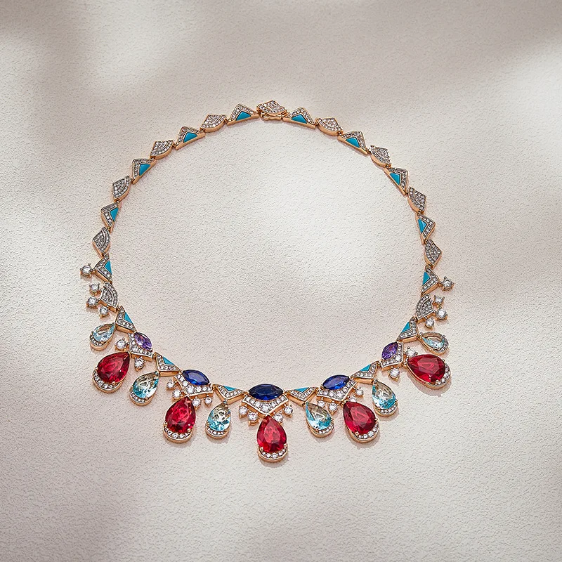 Women Luxury Red Blue Contrast Water Drop Jewelry Set Gold Plated Inlaid Cubic Zirconia Elegant Evening Dress Party Fine Jewelry